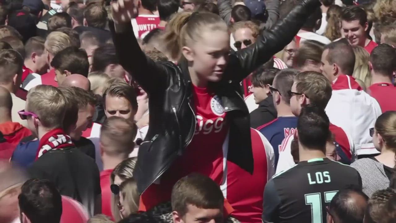 Barcelona: Future Stars Frenkie De Jong and De Ligt celebrate with fans in Amsterdam after winning their 34th Eredivisie title
