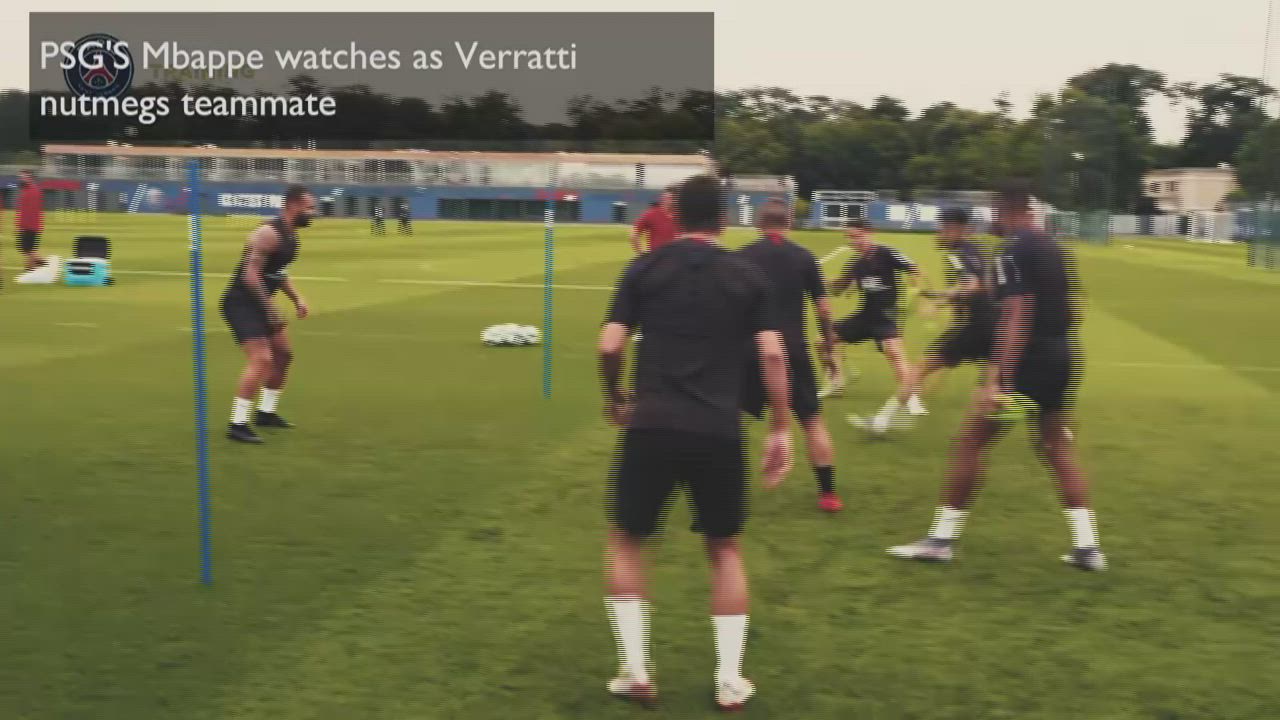 Mbappe watches as Verratti nutmegs teammate